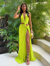 Limettengrünes Maxikleid mit Hohlsaum und hoher Taille
